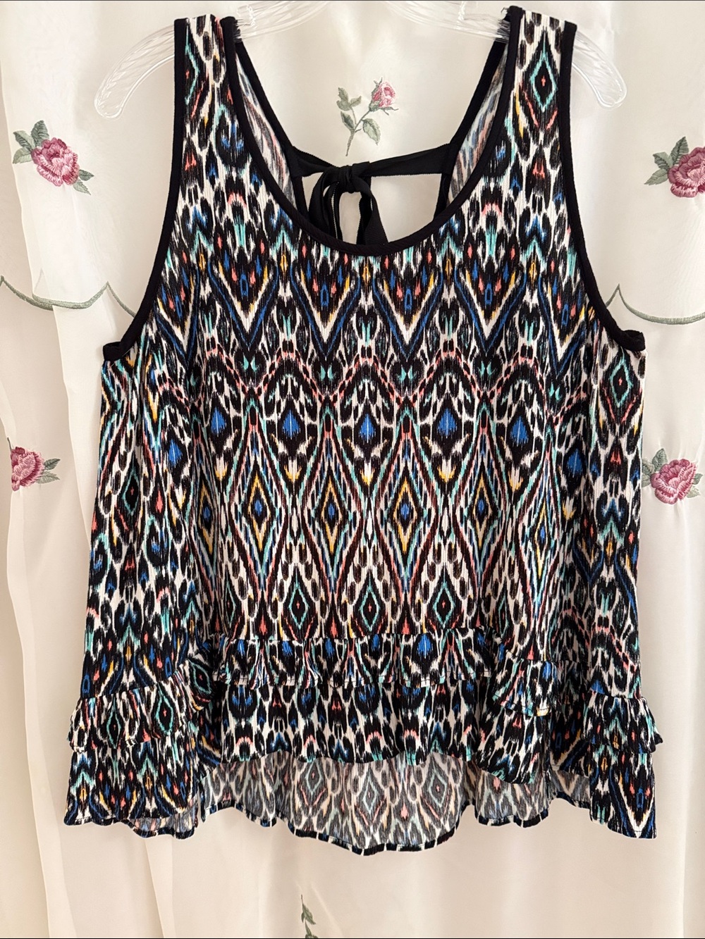 Democracy Black Multi Ikat Print Hi/Low Ruffle Top